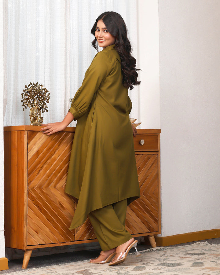 Deep Olive Green Embroidered Asymmetric Co-ord Set