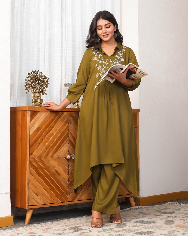 Deep Olive Green Embroidered Asymmetric Co-ord Set