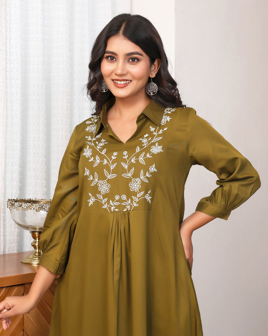 Deep Olive Green Embroidered Asymmetric Co-ord Set