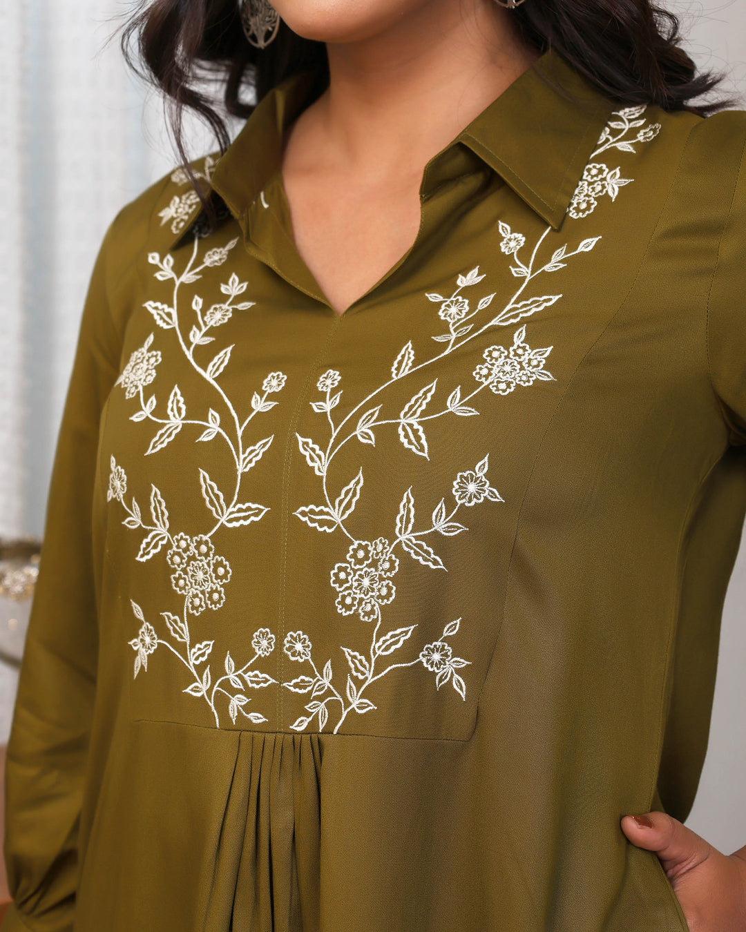 Deep Olive Green Embroidered Asymmetric Co-ord Set
