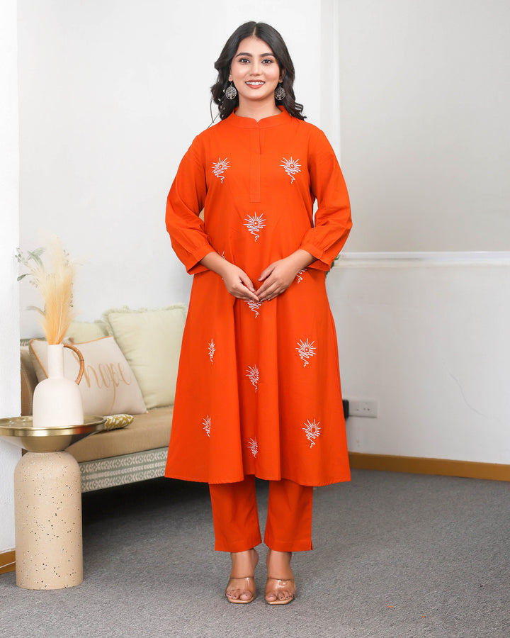 Orange Base With Delicate White Floral Embroidery