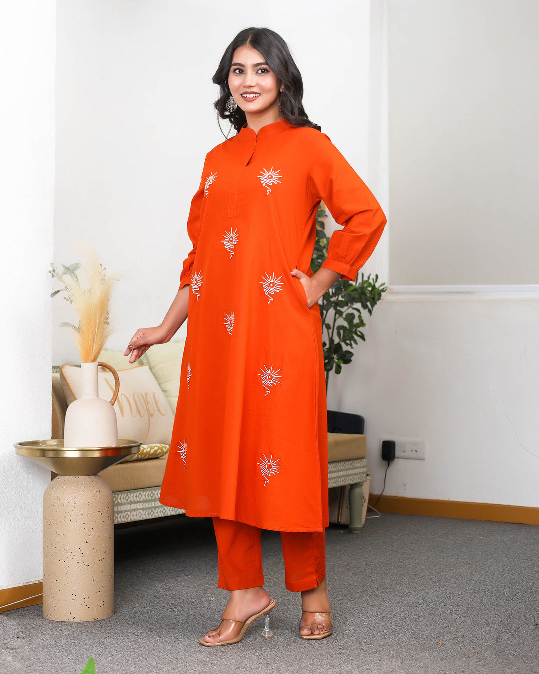 Orange Base With Delicate White Floral Embroidery