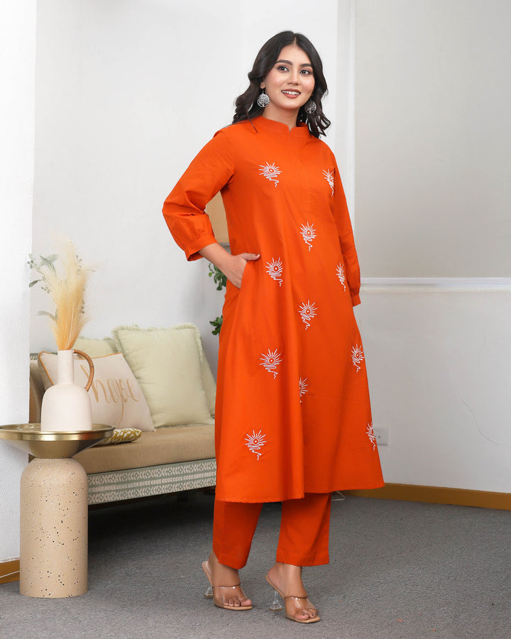 Orange Base With Delicate White Floral Embroidery