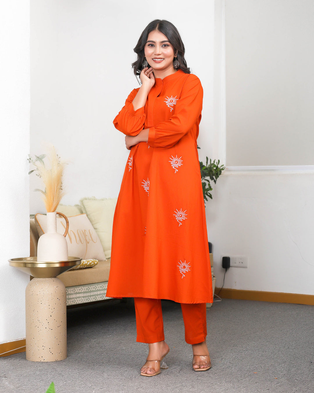 Orange Base With Delicate White Floral Embroidery