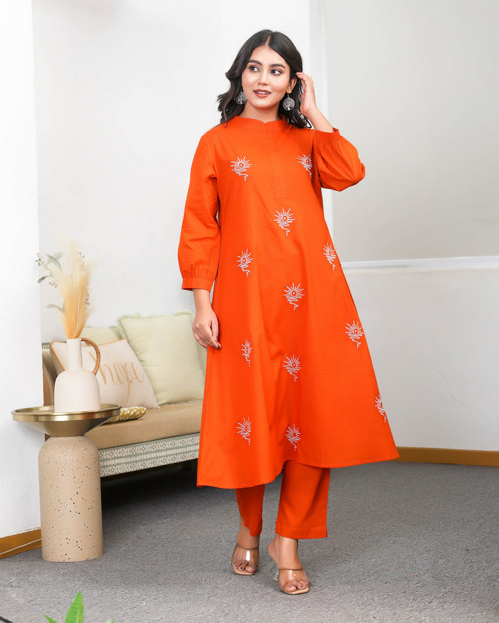 Orange Base With Delicate White Floral Embroidery