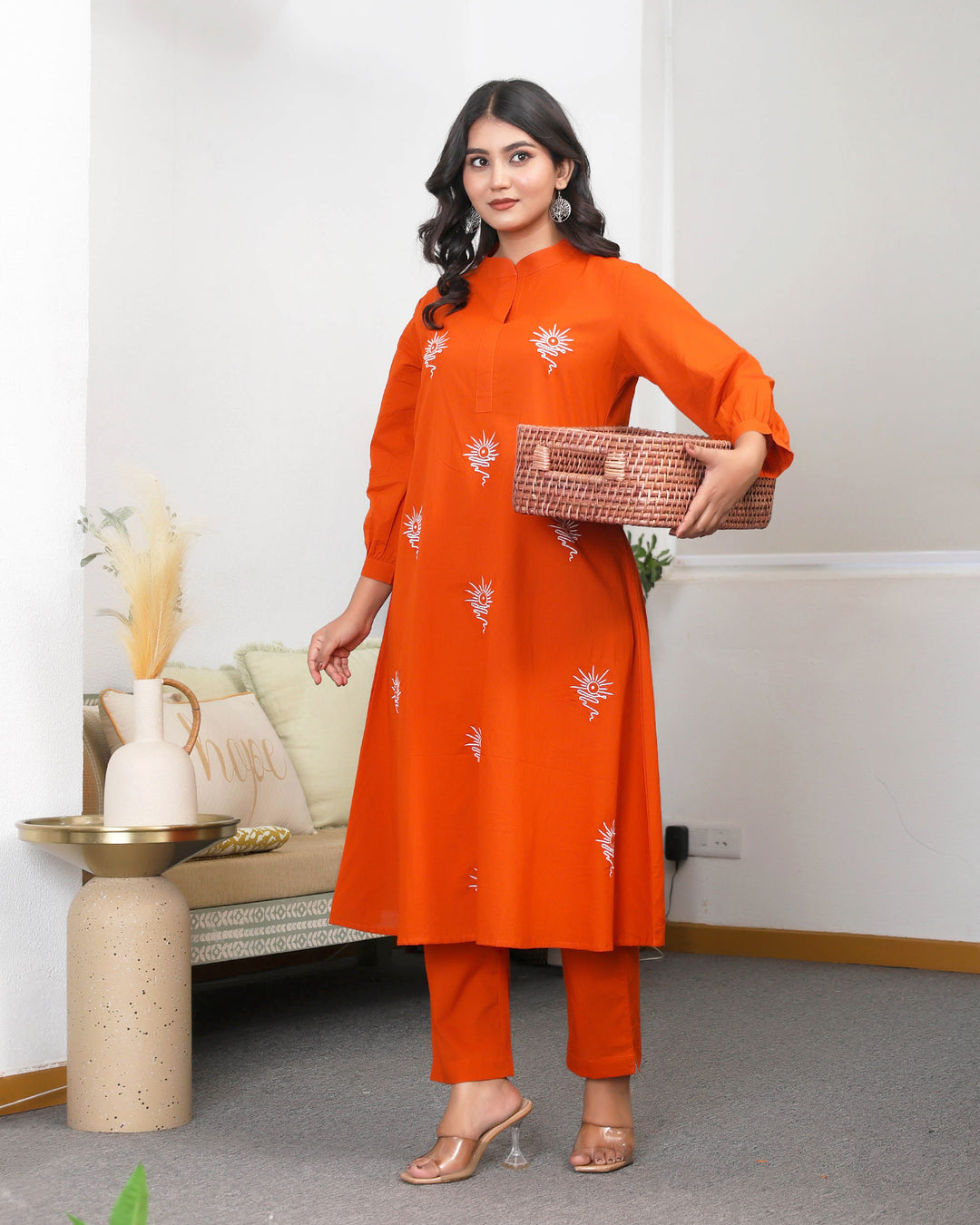 Orange Base With Delicate White Floral Embroidery