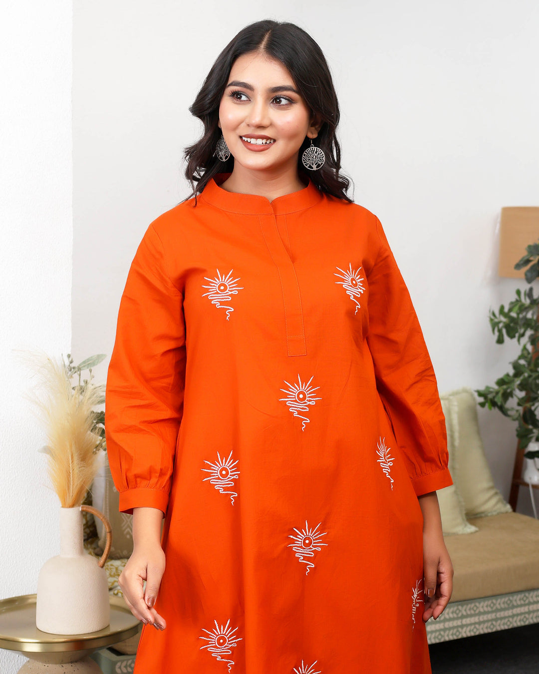 Orange Base With Delicate White Floral Embroidery