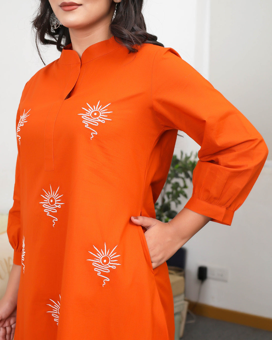Orange Base With Delicate White Floral Embroidery