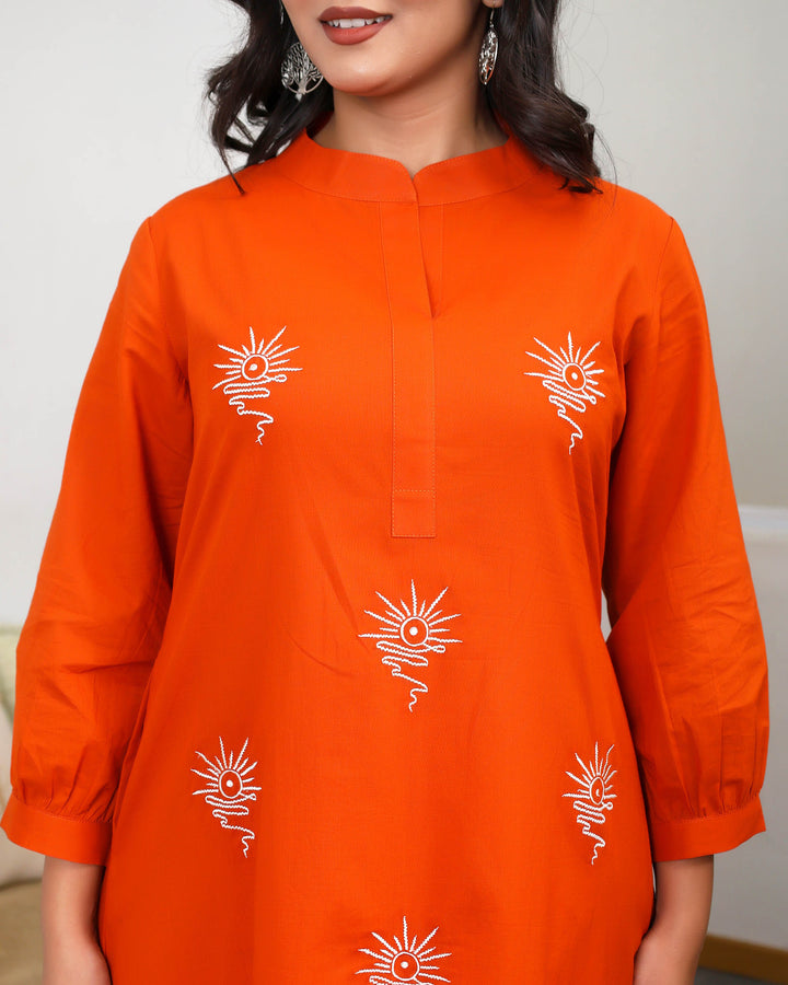 Orange Base With Delicate White Floral Embroidery