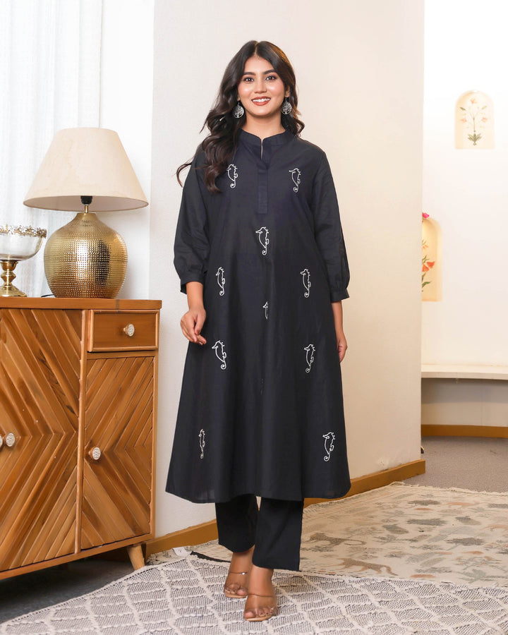 Black Base With Delicate White Floral Embroidery