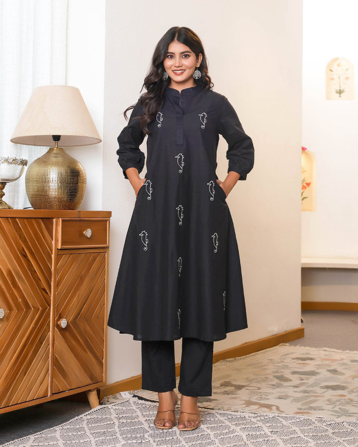 Black Base With Delicate White Floral Embroidery