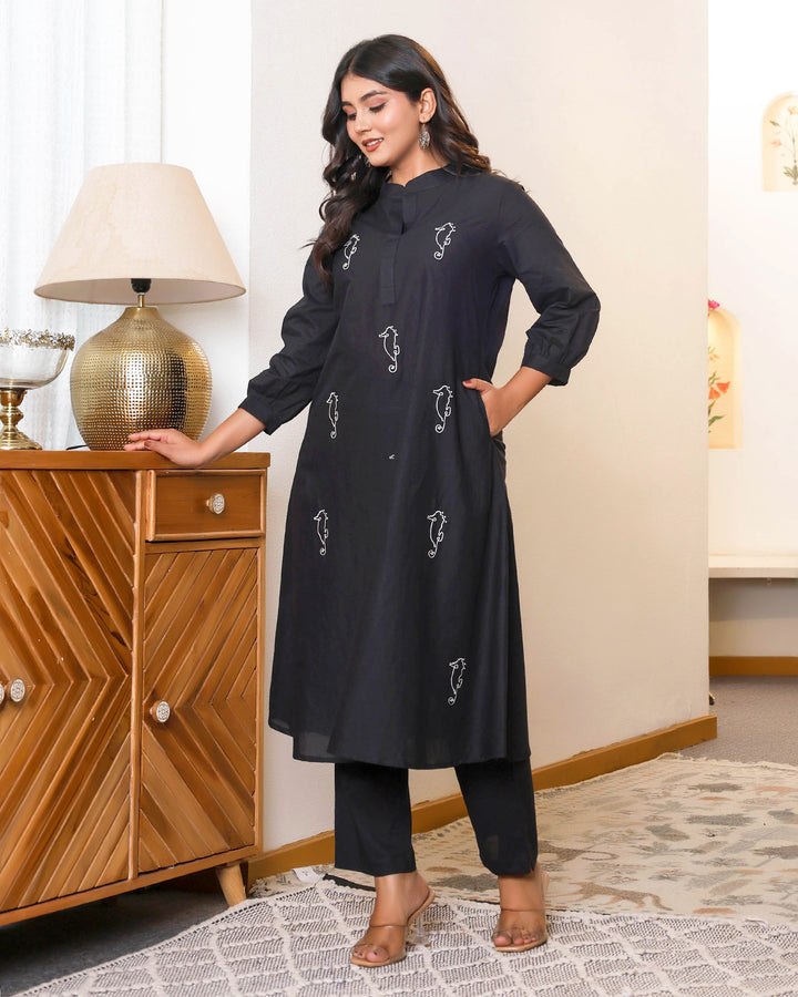 Black Base With Delicate White Floral Embroidery