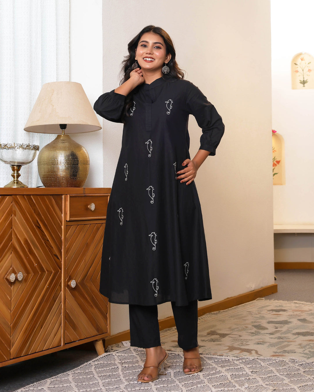 Black Base With Delicate White Floral Embroidery