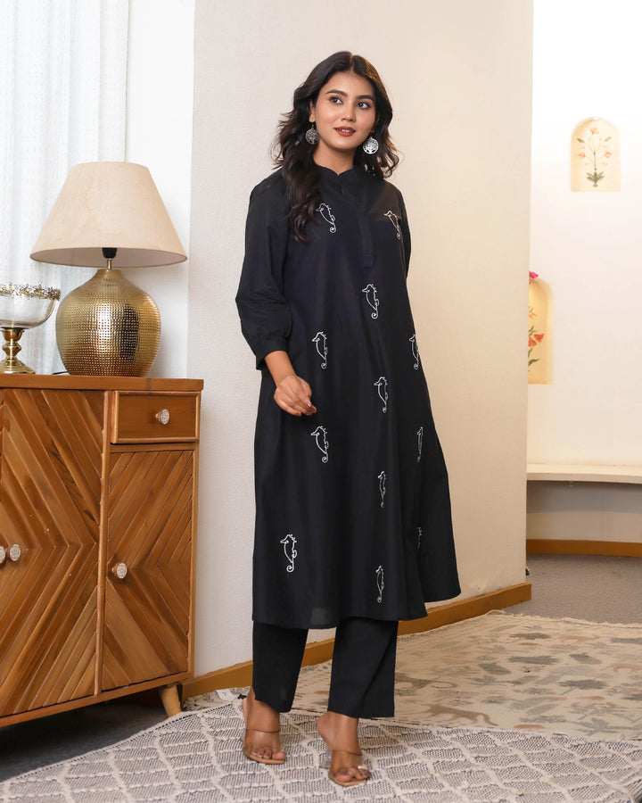 Black Base With Delicate White Floral Embroidery