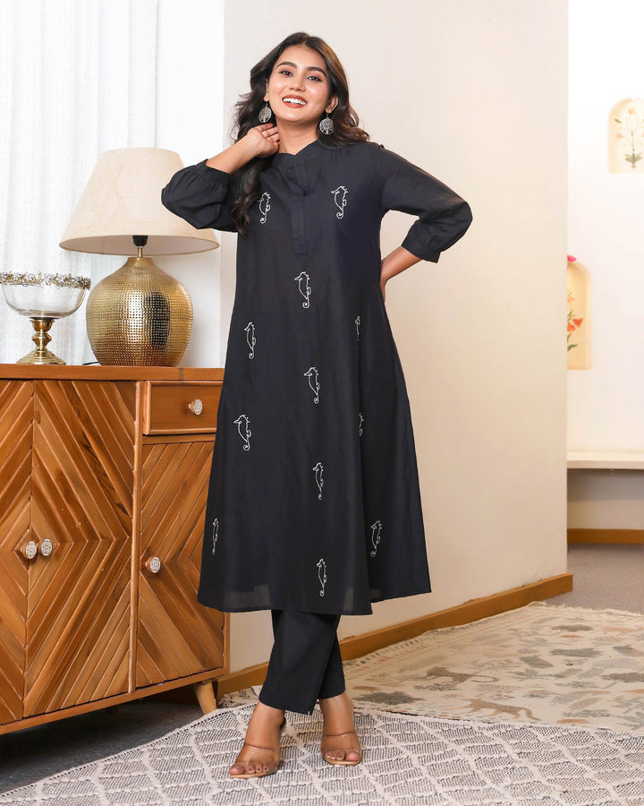 Black Base With Delicate White Floral Embroidery