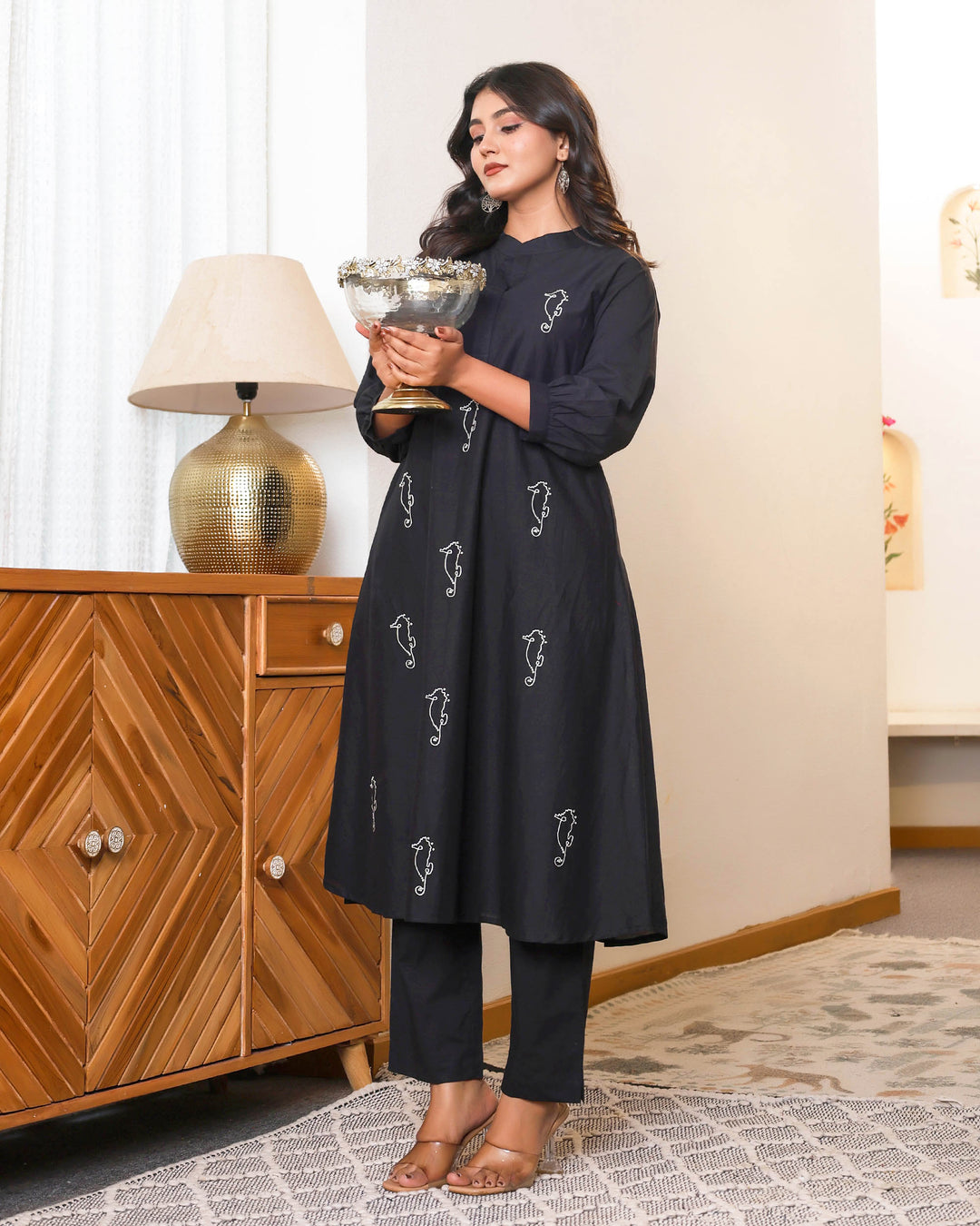 Black Base With Delicate White Floral Embroidery