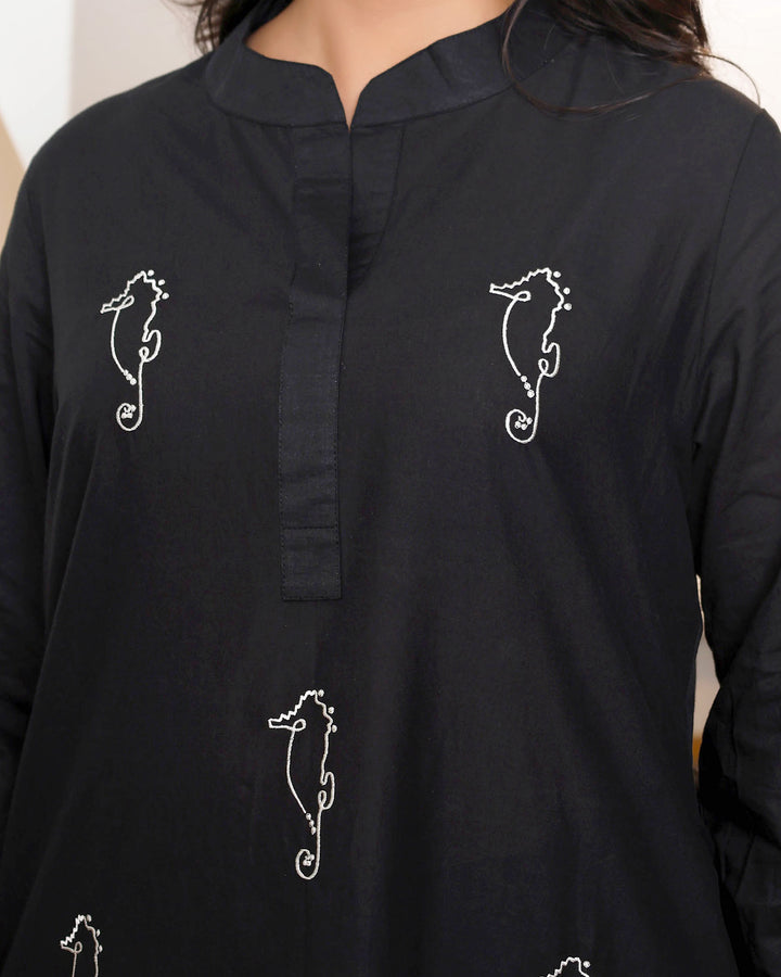 Black Base With Delicate White Floral Embroidery