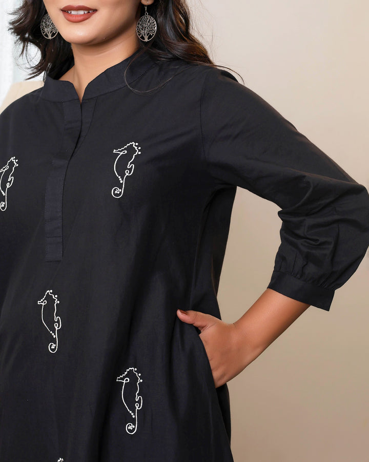 Black Base With Delicate White Floral Embroidery