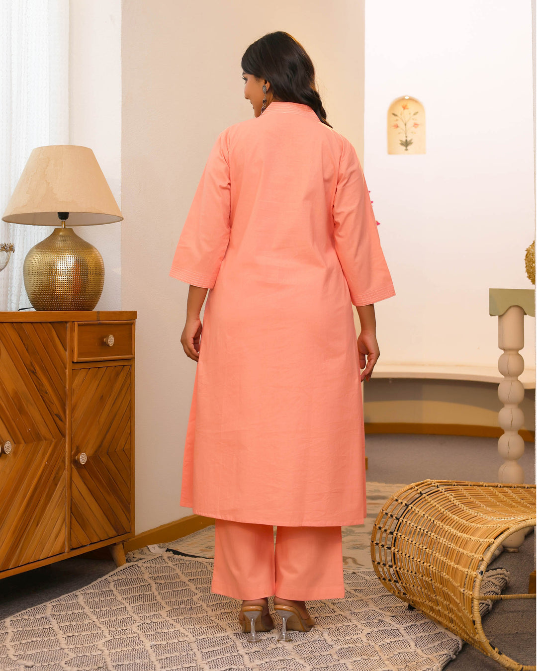 Peach Minimal Embroidered Aline Co-ord Set