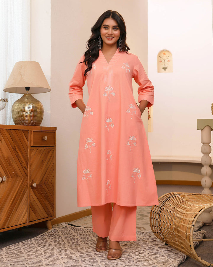 Peach Minimal Embroidered Aline Co-ord Set