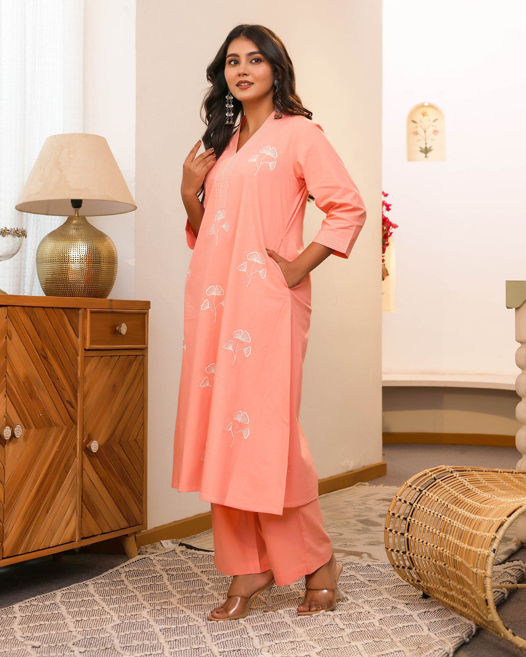 Peach Minimal Embroidered Aline Co-ord Set