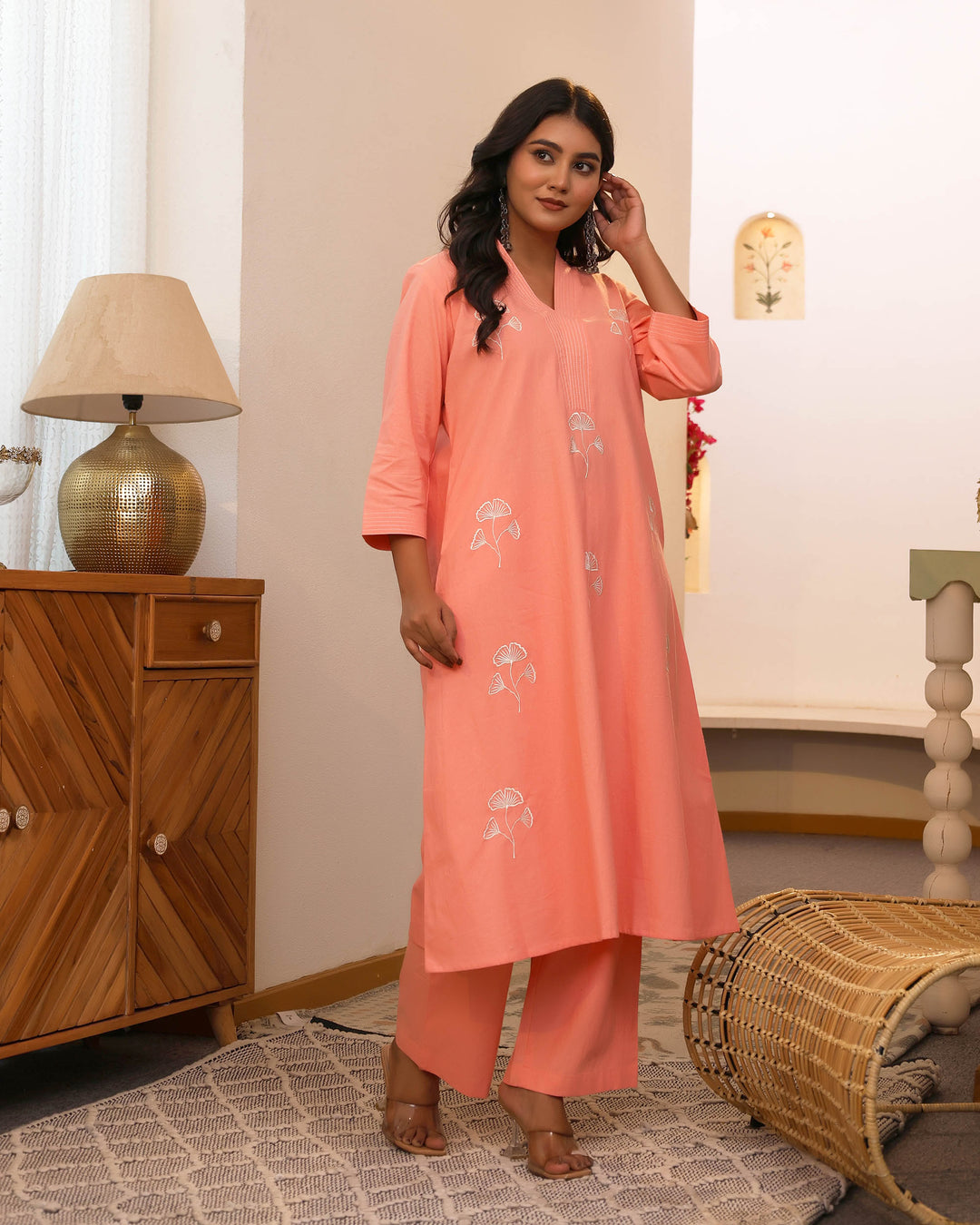 Peach Minimal Embroidered Aline Co-ord Set