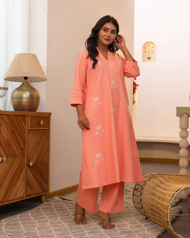 Peach Minimal Embroidered Aline Co-ord Set