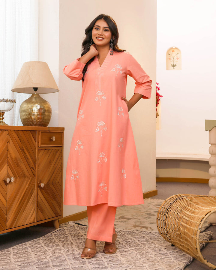 Peach Minimal Embroidered Aline Co-ord Set