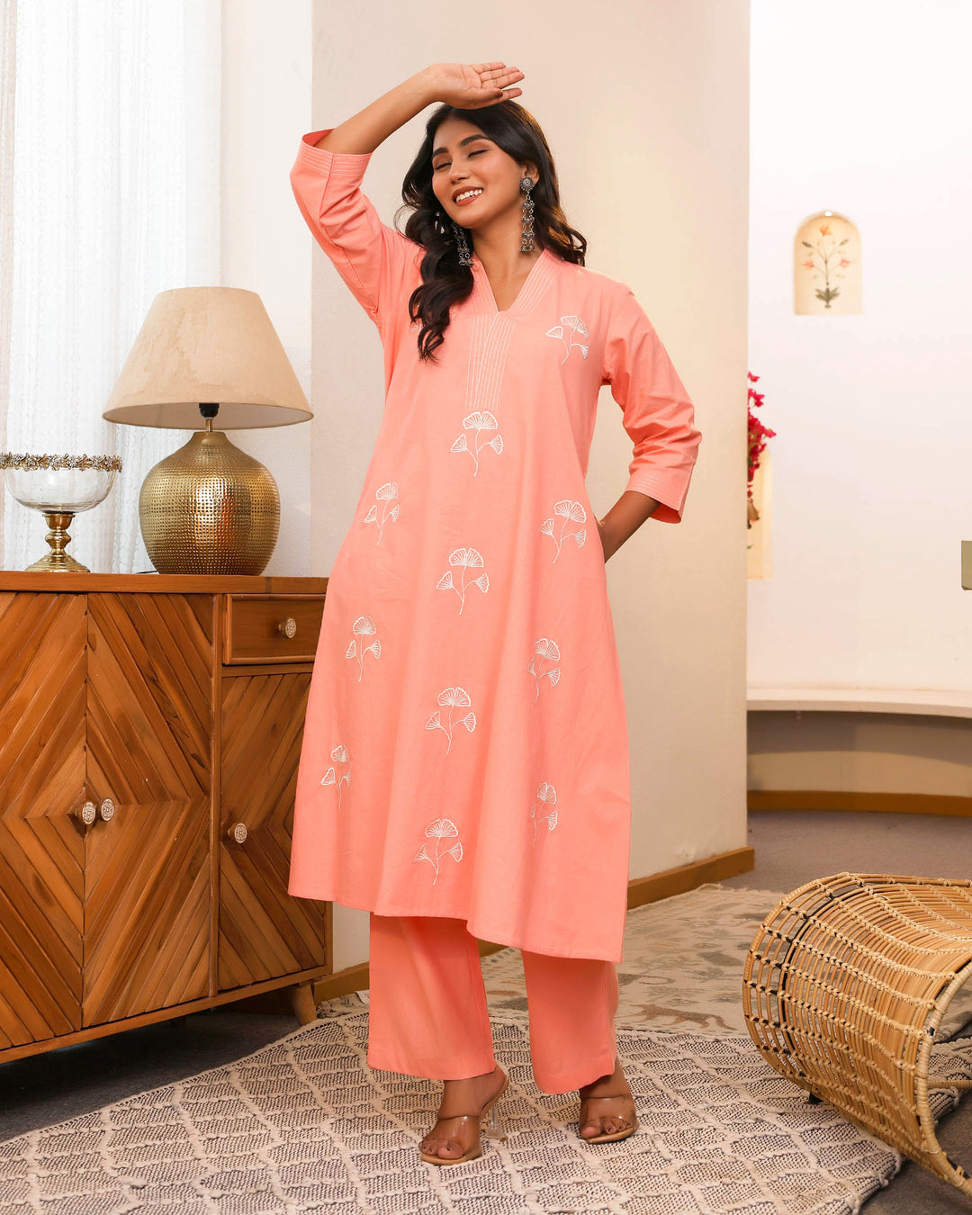 Peach Minimal Embroidered Aline Co-ord Set