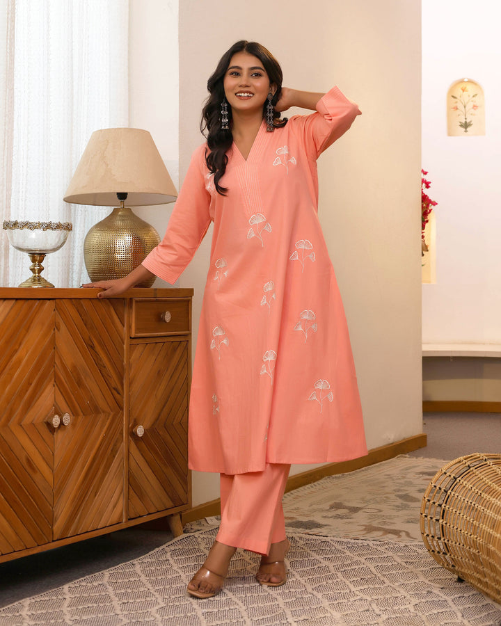 Peach Minimal Embroidered Aline Co-ord Set