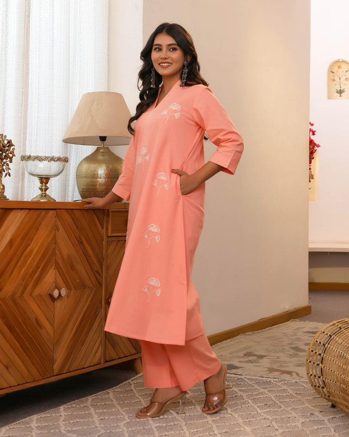 Peach Minimal Embroidered Aline Co-ord Set