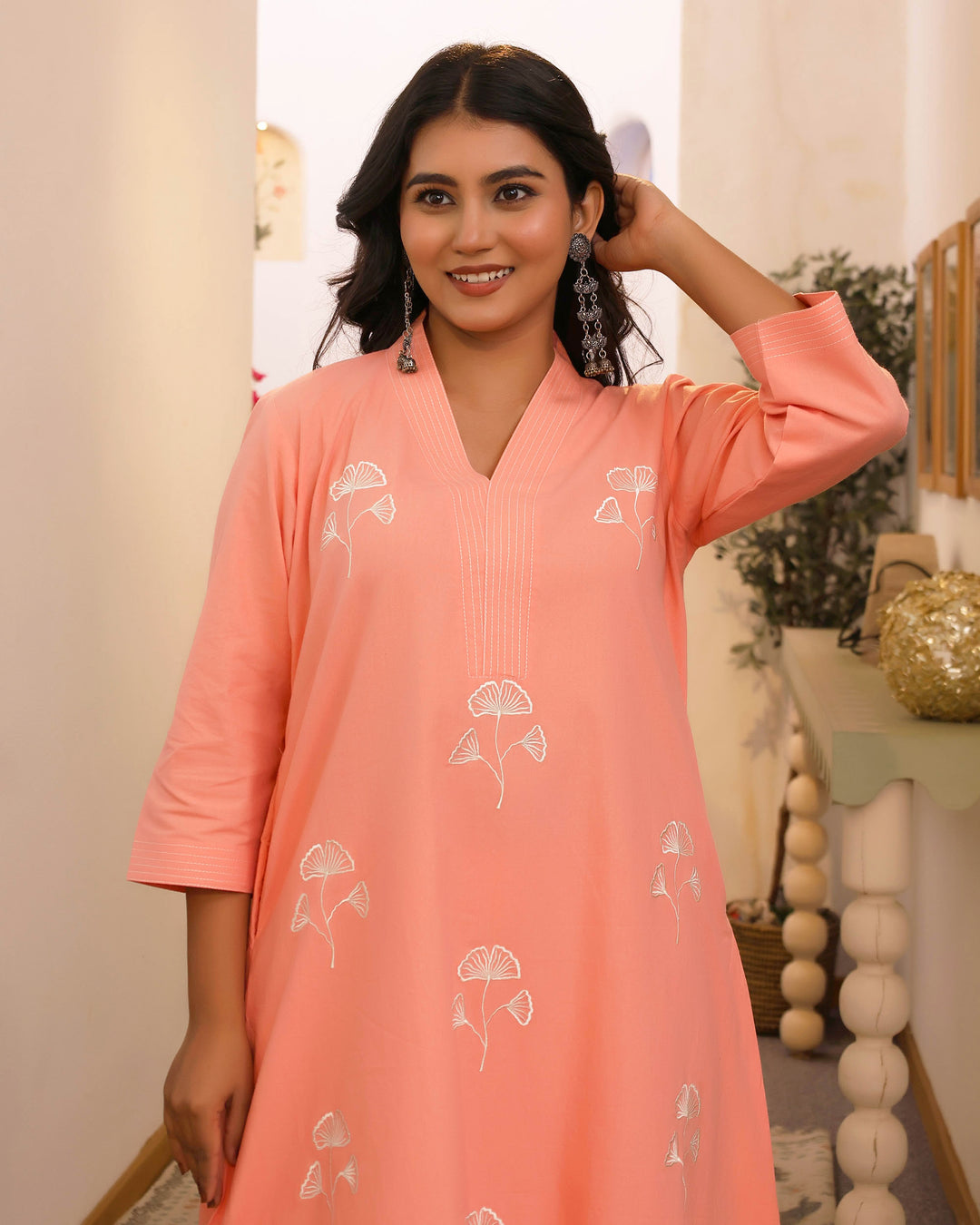 Peach Minimal Embroidered Aline Co-ord Set