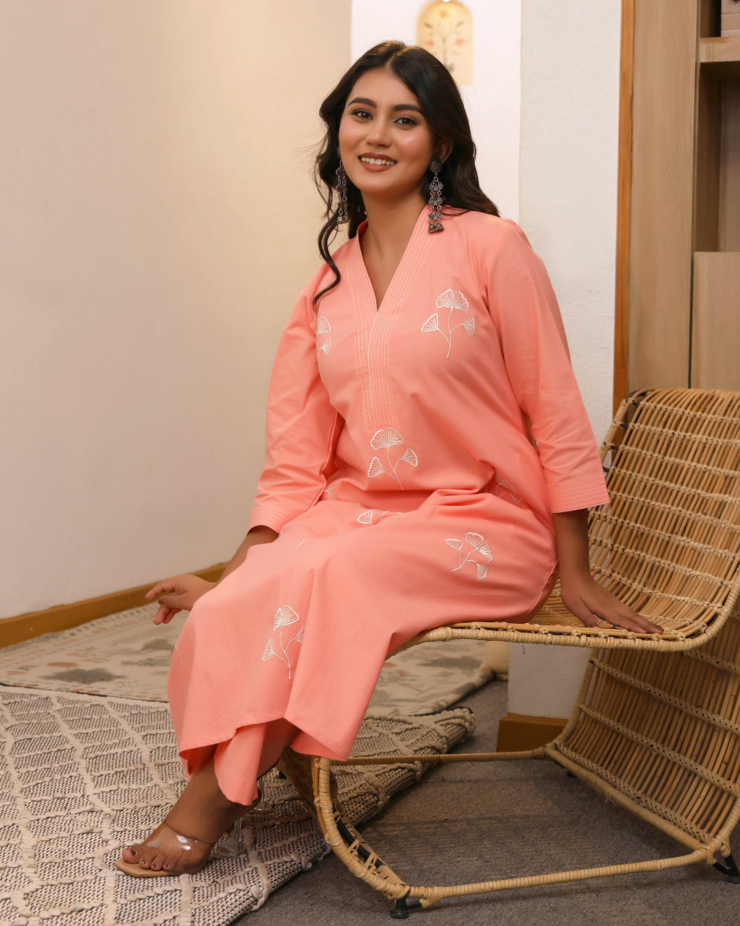 Peach Minimal Embroidered Aline Co-ord Set