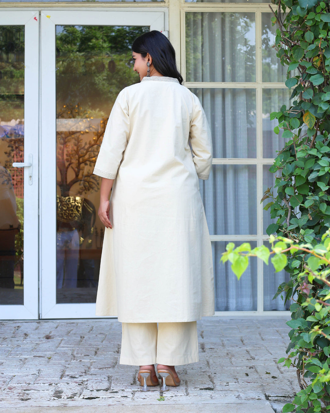 Off White Minimal Embroidered Aline Co-ord Set