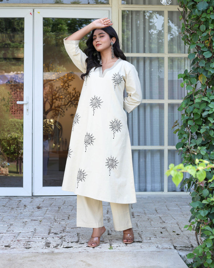 Off White Minimal Embroidered Aline Co-ord Set