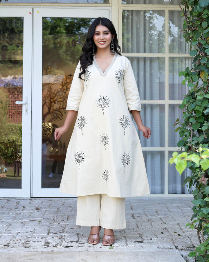 Off White Minimal Embroidered Aline Co-ord Set