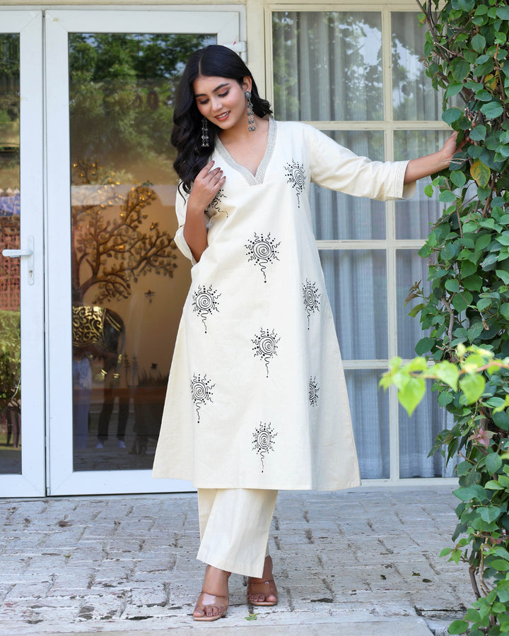 Off White Minimal Embroidered Aline Co-ord Set