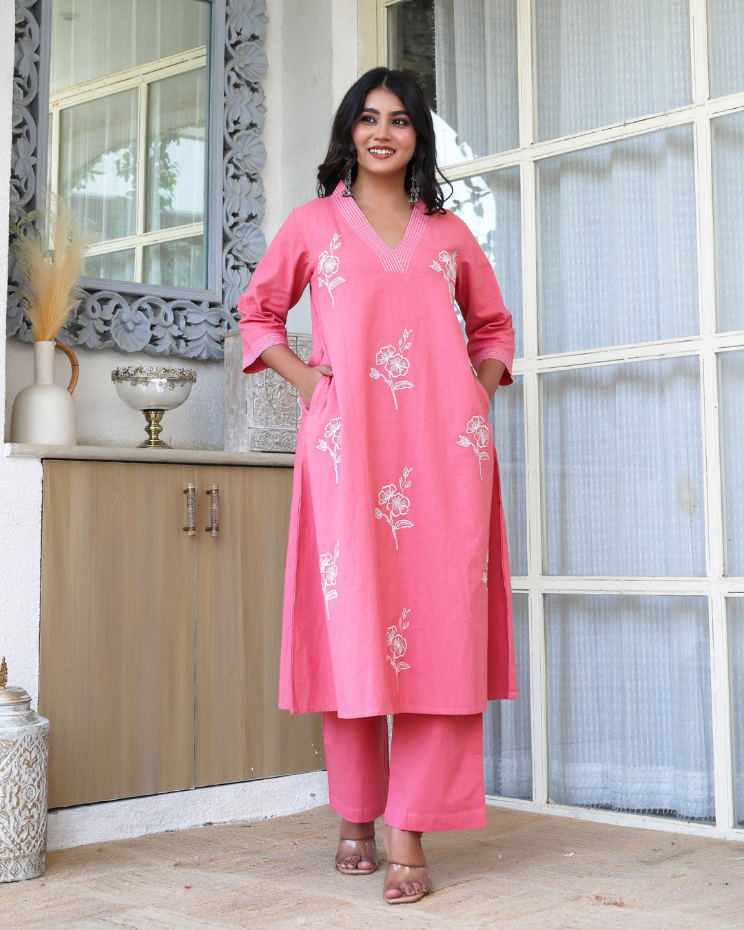 Peach Bloosm Minimal Embroidered Aline Co-ord Set