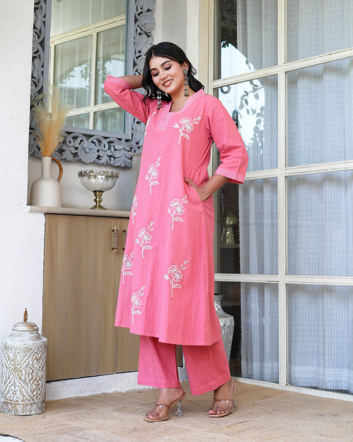 Peach Bloosm Minimal Embroidered Aline Co-ord Set