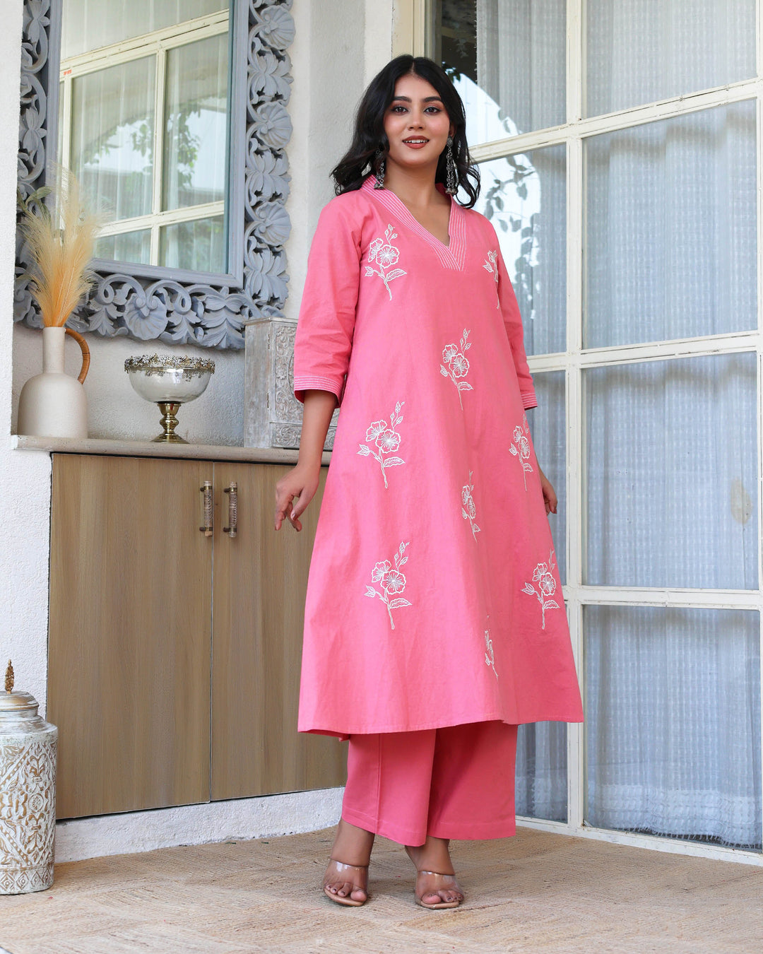 Peach Bloosm Minimal Embroidered Aline Co-ord Set