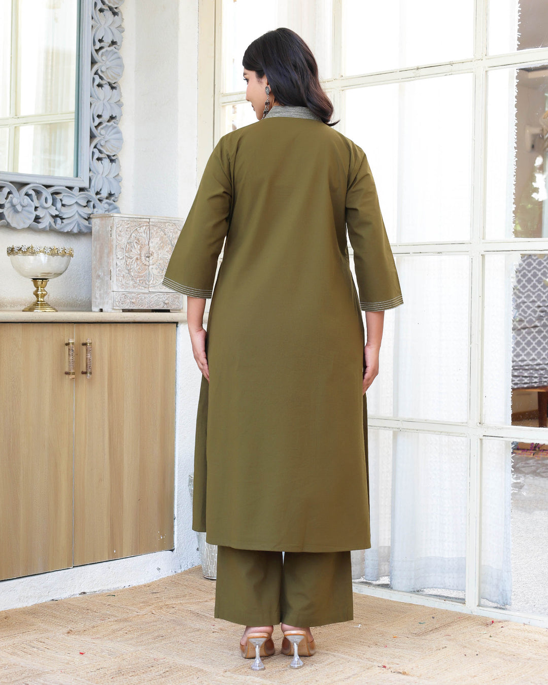 Deep Olive Green  Minimal Embroidered Aline Co-ord Set