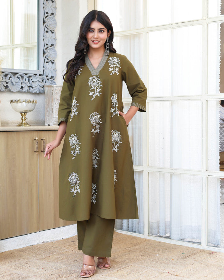 Deep Olive Green  Minimal Embroidered Aline Co-ord Set
