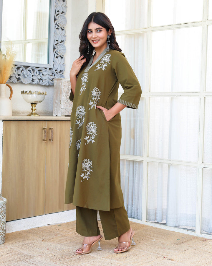 Deep Olive Green  Minimal Embroidered Aline Co-ord Set