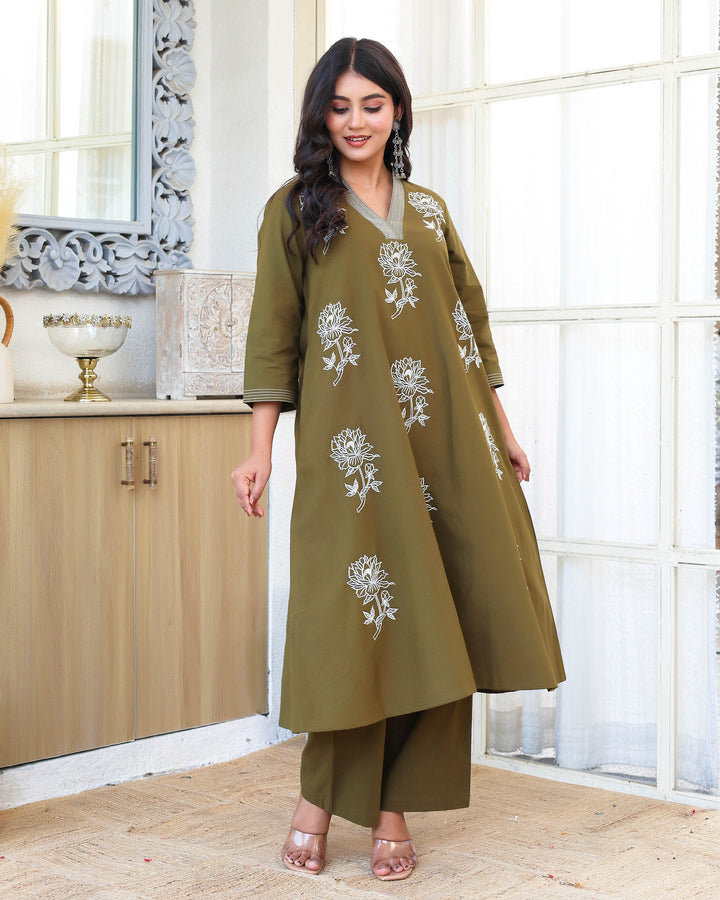 Deep Olive Green  Minimal Embroidered Aline Co-ord Set