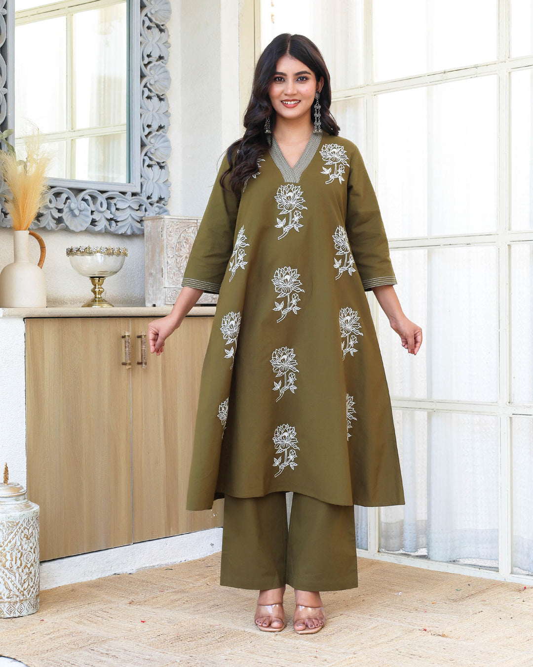 Deep Olive Green  Minimal Embroidered Aline Co-ord Set