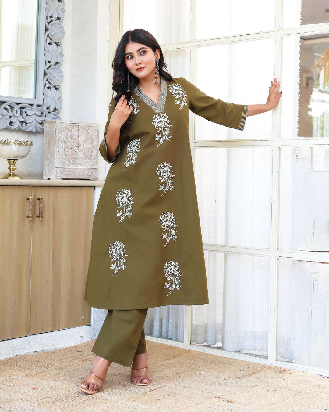 Deep Olive Green  Minimal Embroidered Aline Co-ord Set