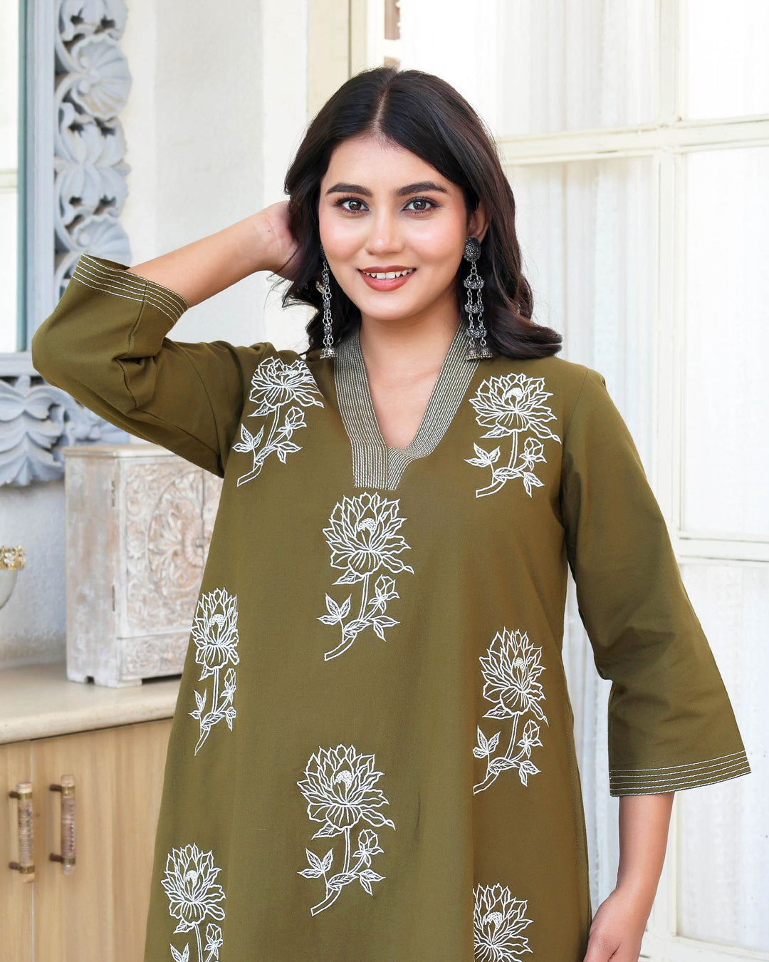 Deep Olive Green  Minimal Embroidered Aline Co-ord Set