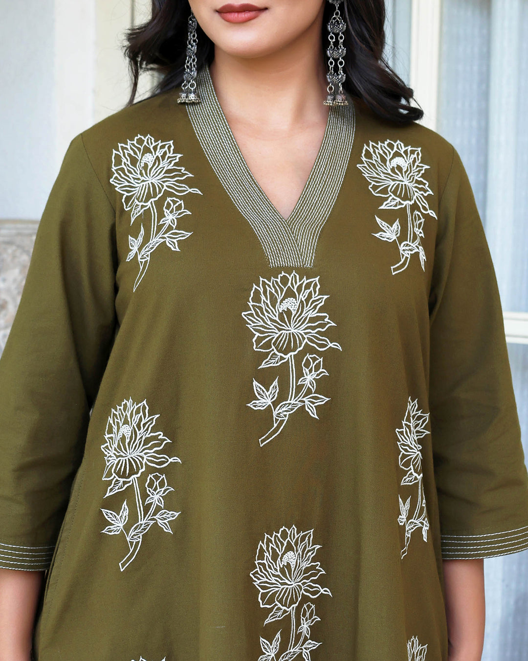 Deep Olive Green  Minimal Embroidered Aline Co-ord Set