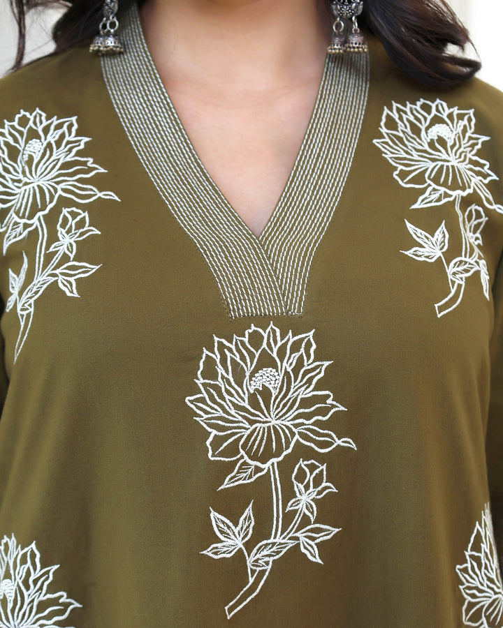 Deep Olive Green  Minimal Embroidered Aline Co-ord Set