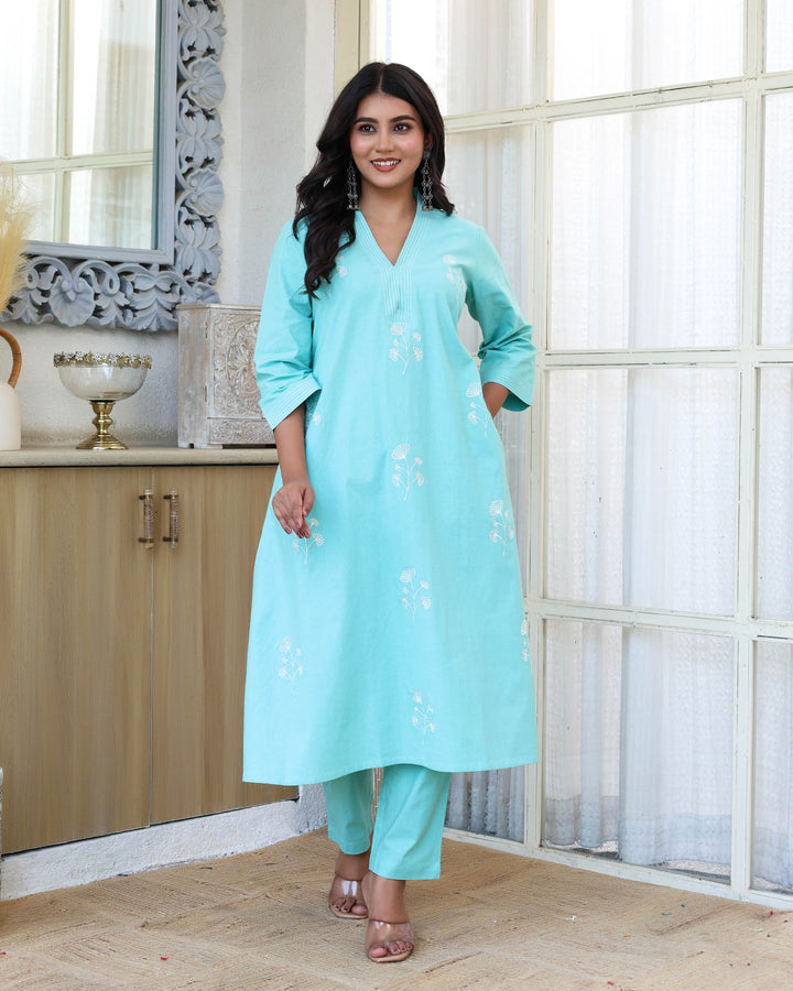 Sky Blue Minimal Embroidered Aline Co-ord Set